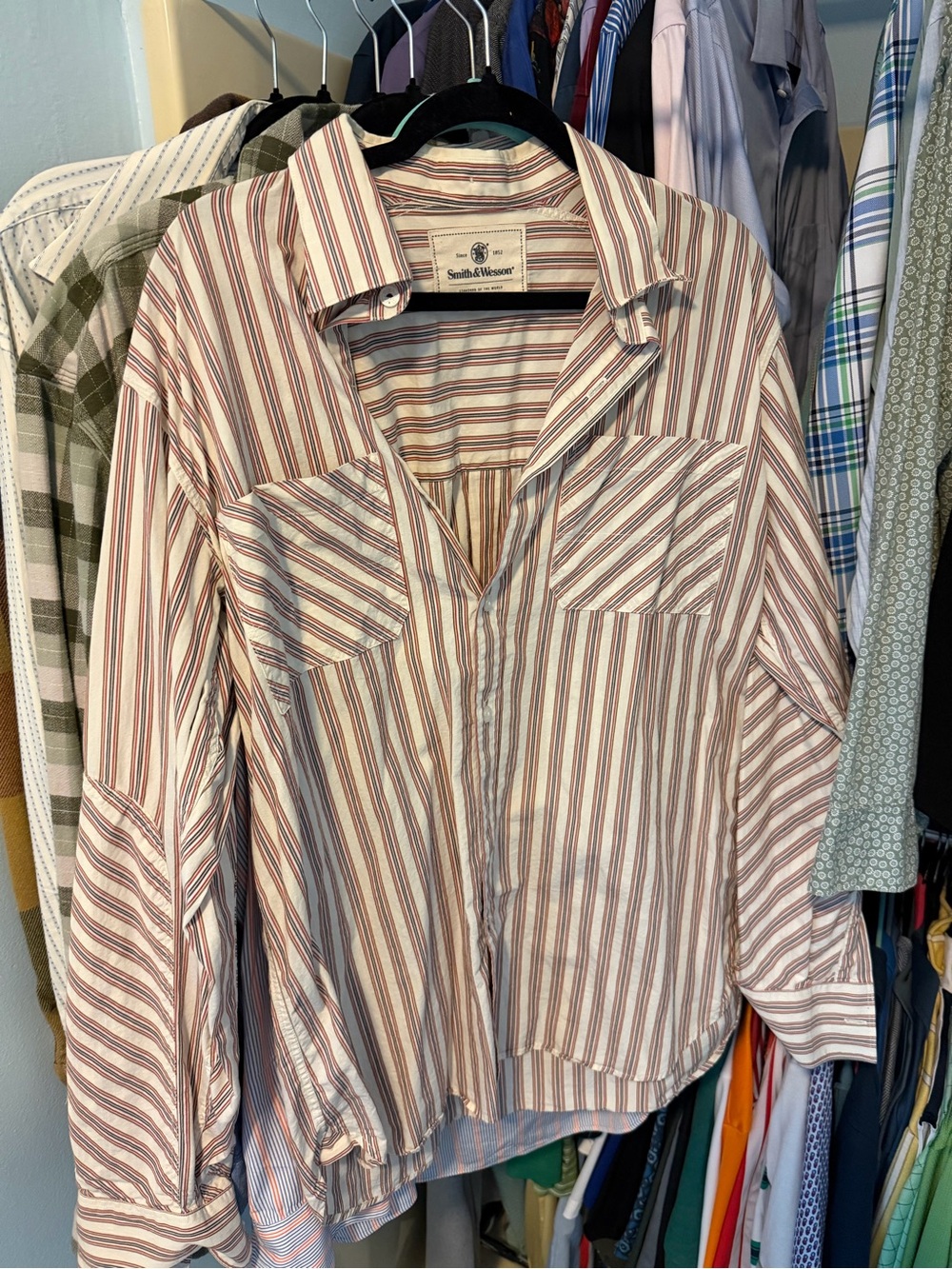 Smith & Wesson Men’s Casual Button-Down Shirt - Cream with Brown Stripes